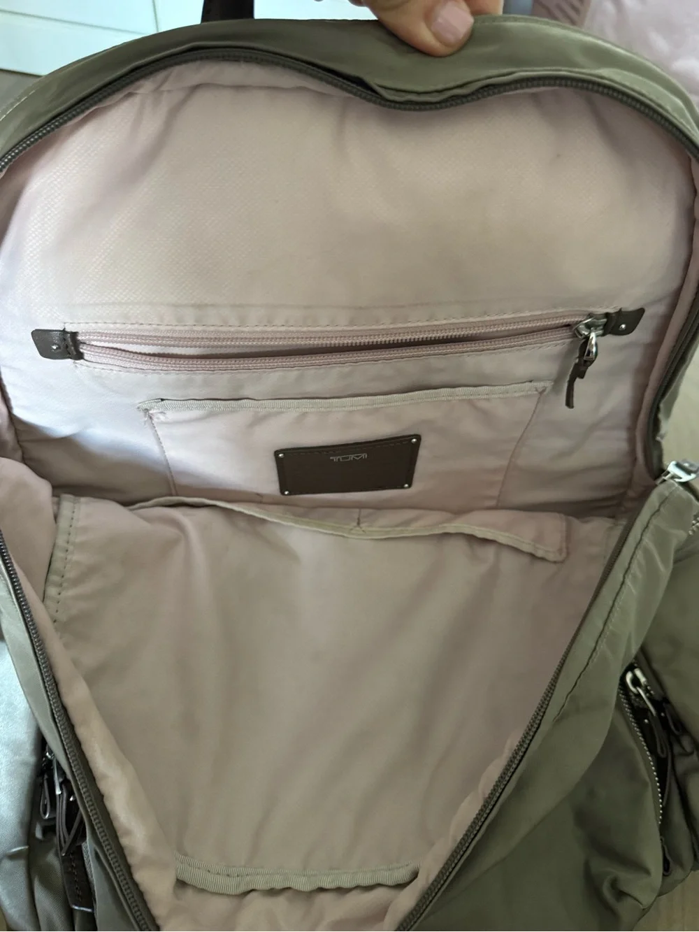 Tumi Taupe Nylon Backpack with Silver Hardware